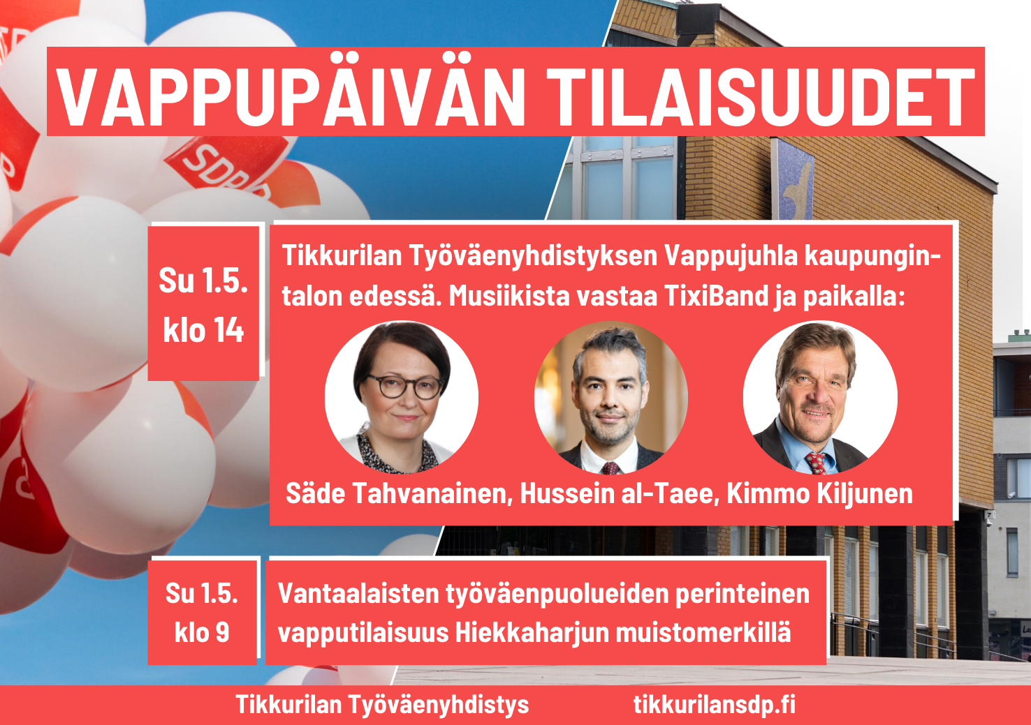 Tikkurilan Työväenyhdistyksen Vappujuhla 1.5. klo 14.00